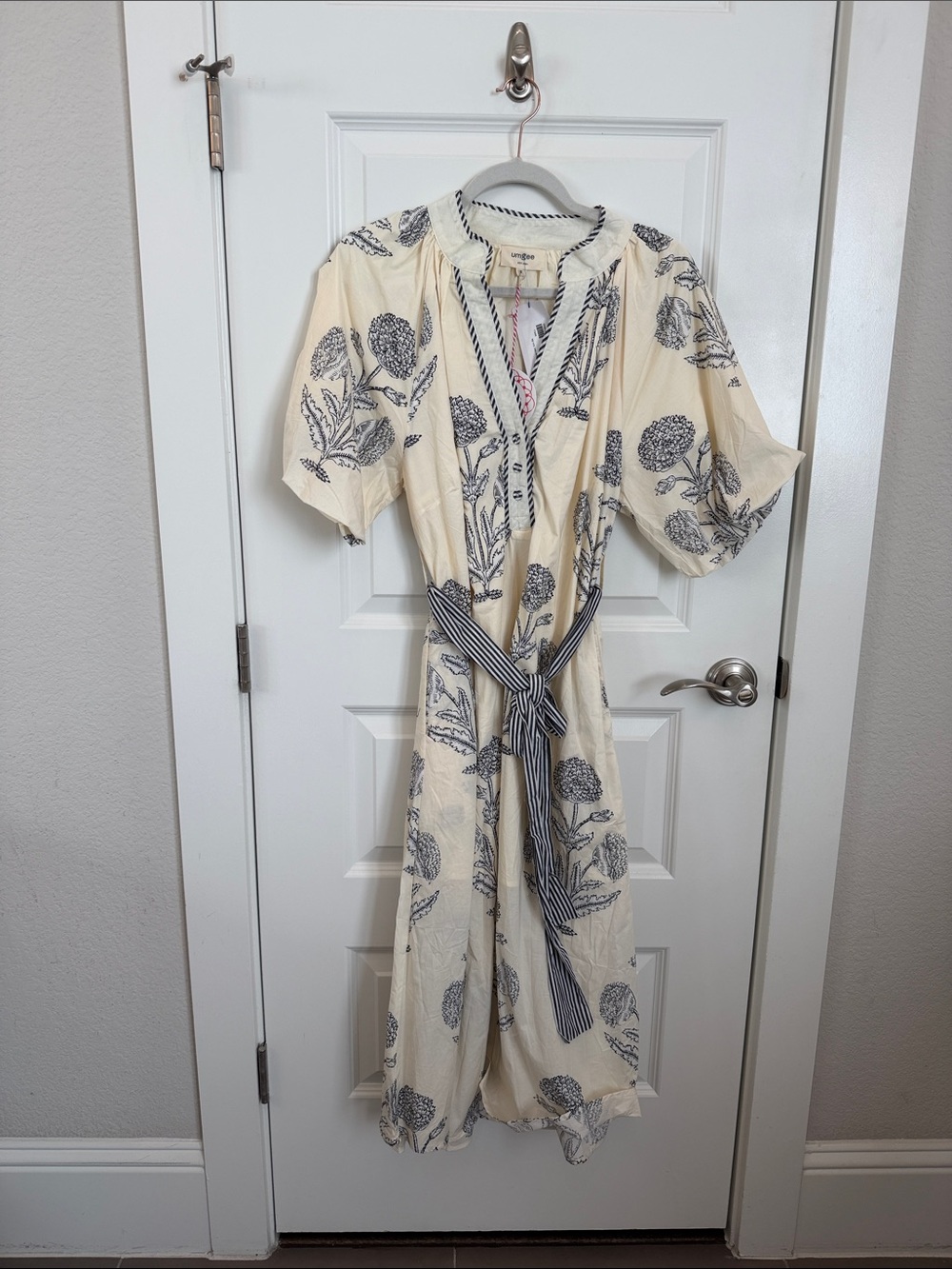 Umgee Cream Midi Dress with Navy Floral Print and Striped Tie